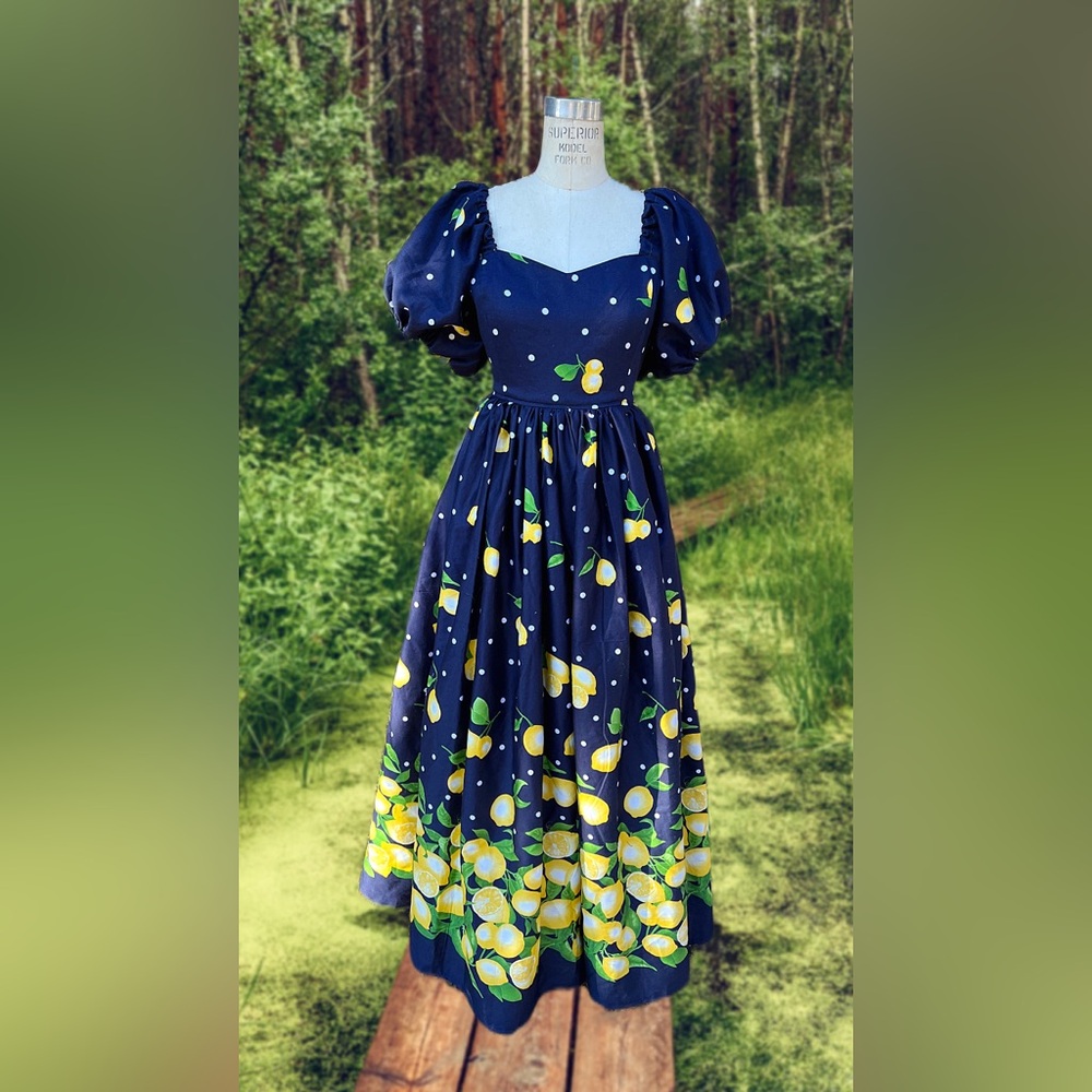Handmade Puff Sleeve Sweetheart Navy Blue Dots & Lemons Border Cottagecore Gown